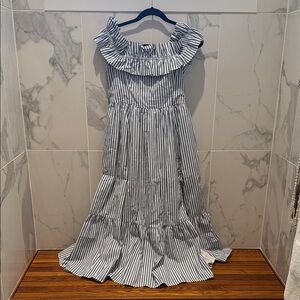 Abercrombie & Fitch Off Shoulder Blue and White Striped Ruffle Midi Dress